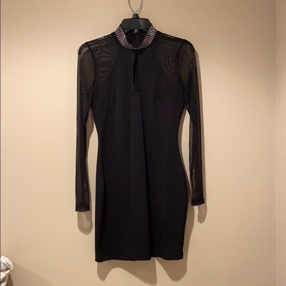Black Long Sleeve Dress with Rhinestone Neckline